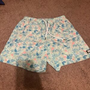 Men's Light Blue Tropical Print Swim Trunks with Drawstring Waist